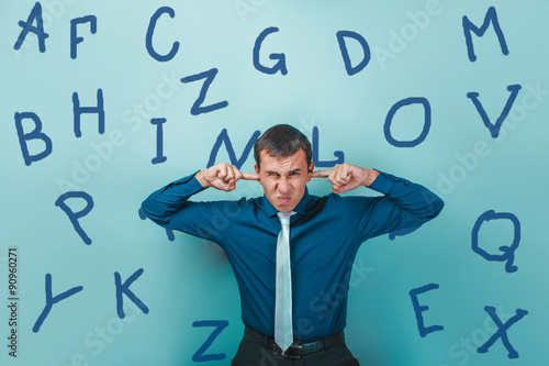 man male teacher businessman alphabet hands covering his ears po