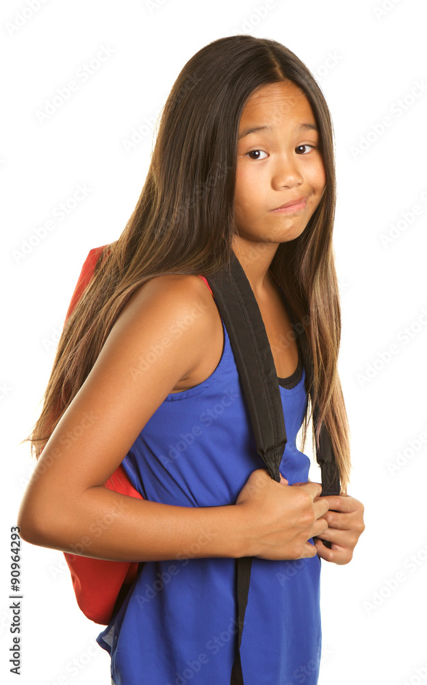 Cute Filipino Girl with Backpack on a white background and an unhappy expression Cute Filipino Girl with Backpack on a white background and an unhappy expression