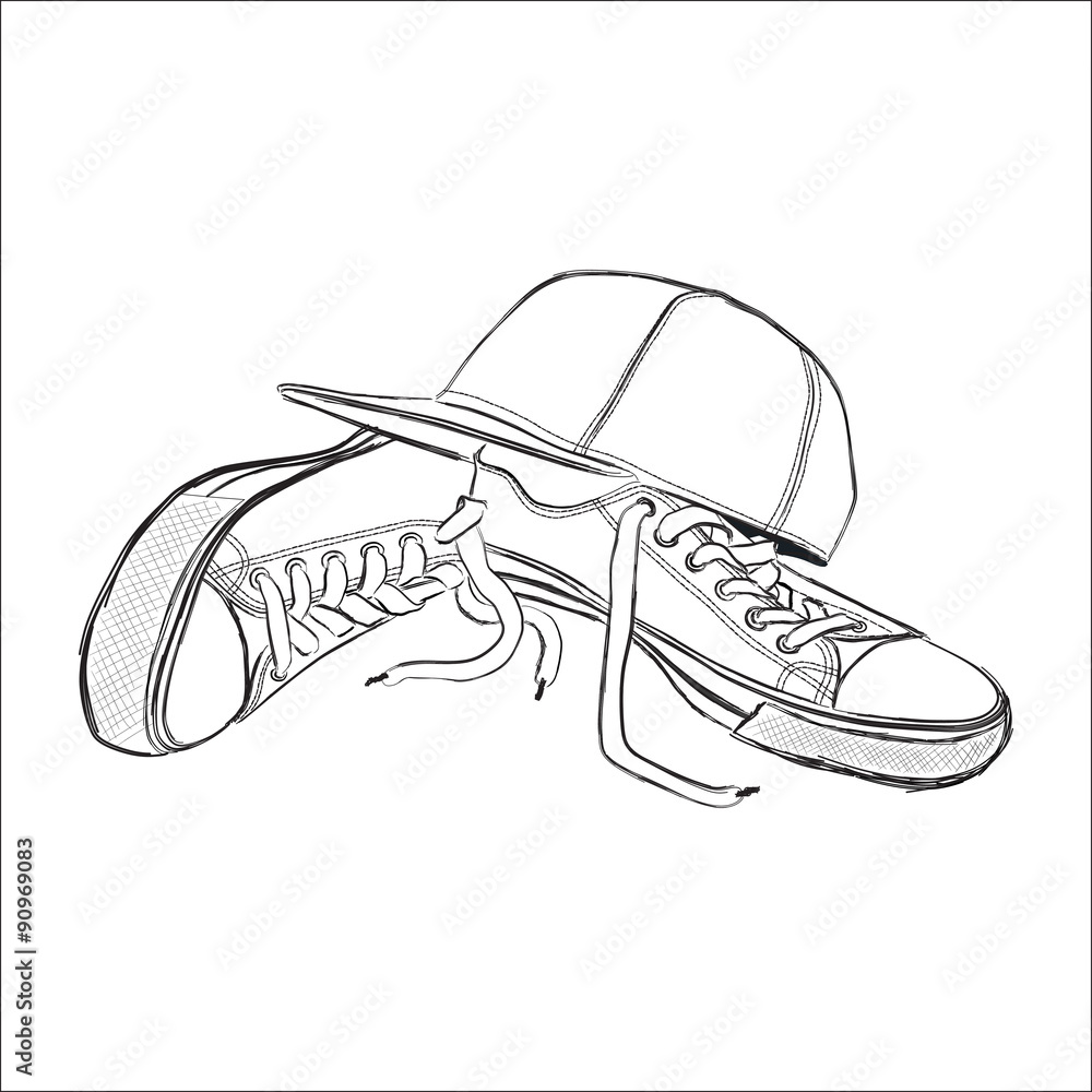 Vector illustration with sneakers and baseball cap Vector illustration with sneakers and baseball cap