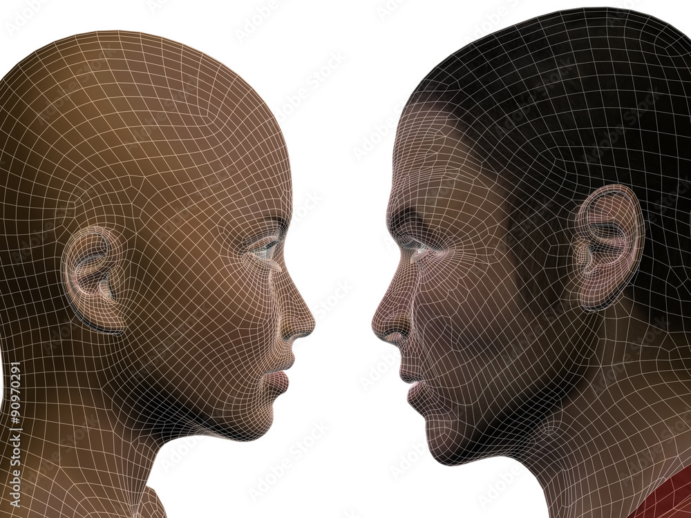 Conceptual wireframe mesh man woman face Conceptual wireframe mesh man woman face
