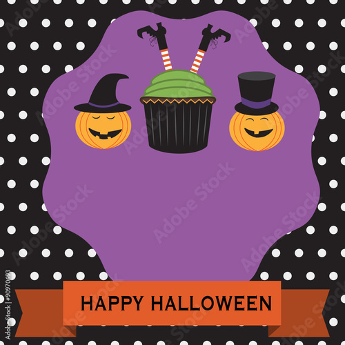 Happy Halloween background with cup cake witch and pumpkin witch