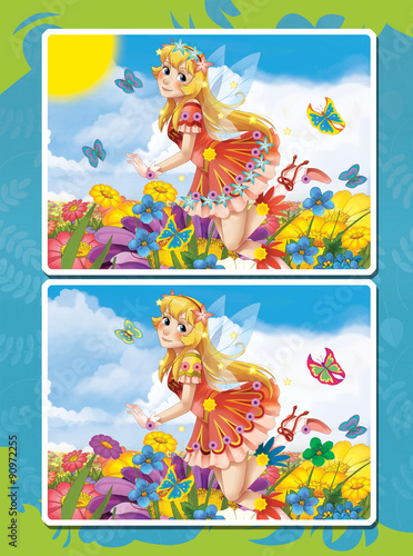 Cartoon illustration flying over flower field - page with comparing gam   - illustration for children