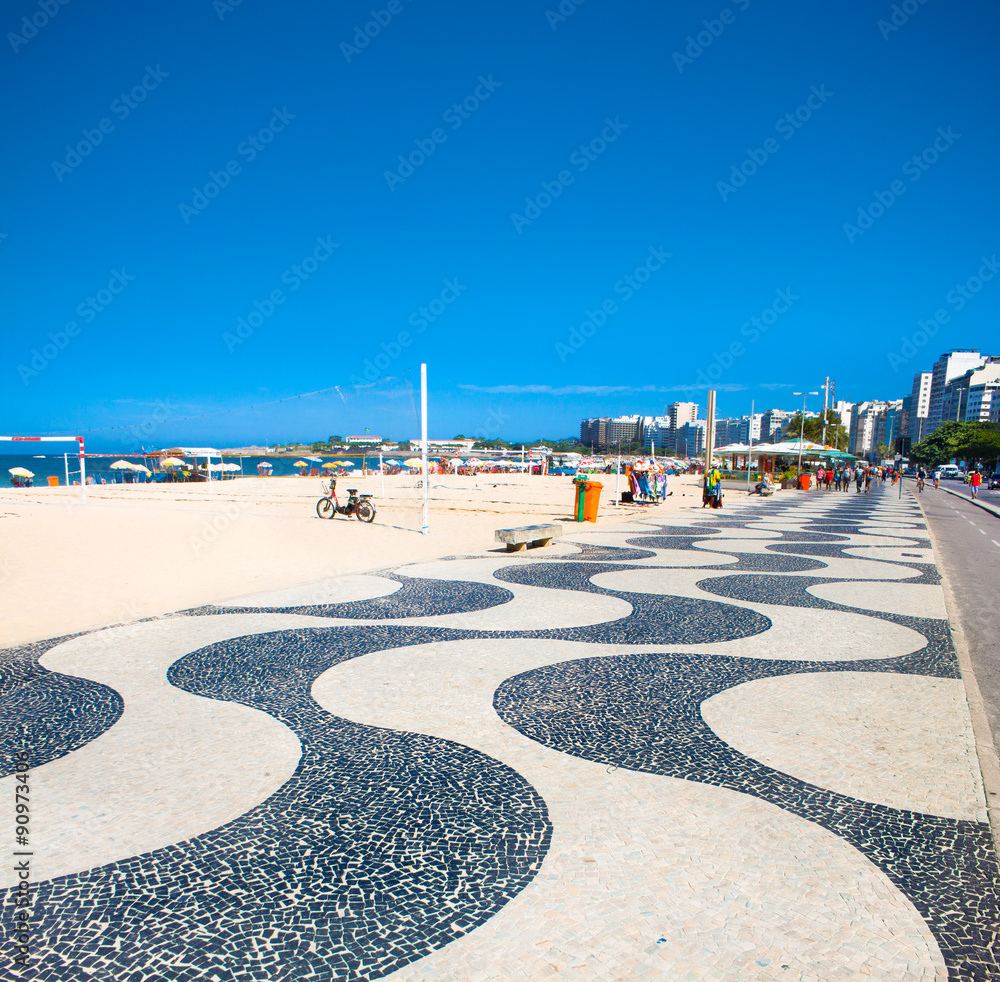 Iconic sidewalk tile pattern at Copacabana Beach, Rio de Janeiro