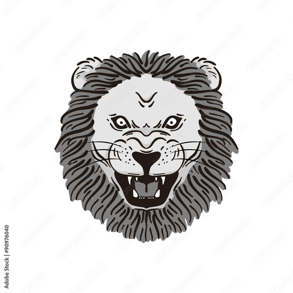 Roar Lion Head Cartoon Grayscale Vector