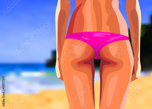 Woman body in pink bikini on the beach. Vector illustration