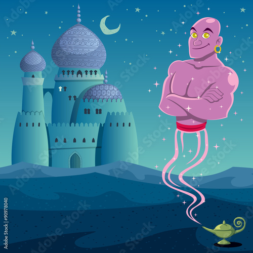 Genie 2 / Genie coming out of lamp in Arabian desert. No transparency and gradients used. 

