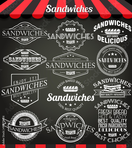 White illustration set of sandwiches retro vintage labels