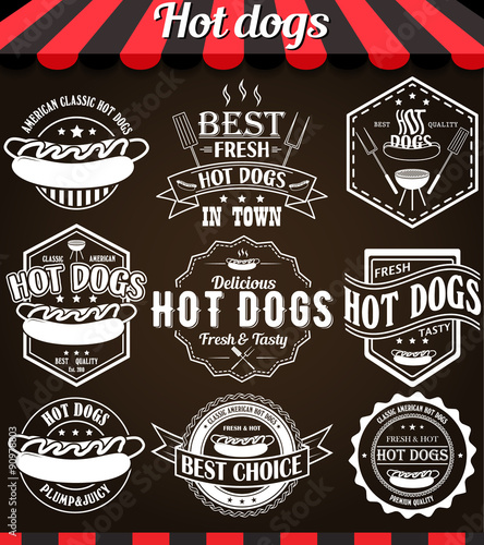 White illustration set of hot dogs retro vintage labels, badges