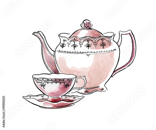Hand made sketch of tea sets. Vector illustration.