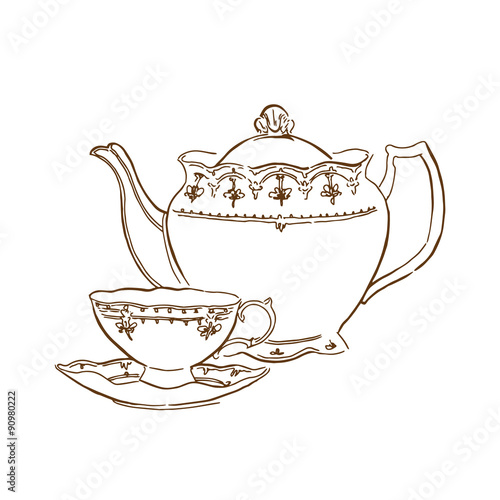 Hand made sketch of tea sets. Vector illustration.