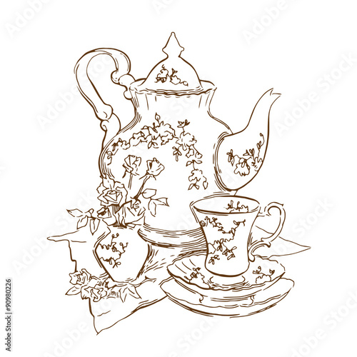 Hand made sketch of tea sets. Vector illustration.