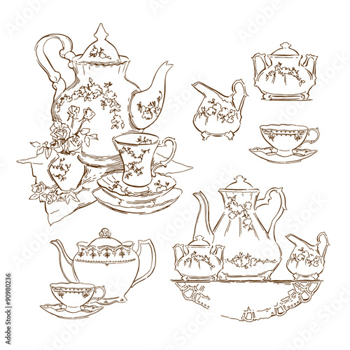 Hand made sketch of tea sets. Vector illustration.