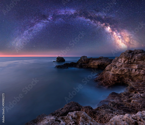 Milky Way over the sea. Night landscape with Milky Way Galaxy above the Black sea  