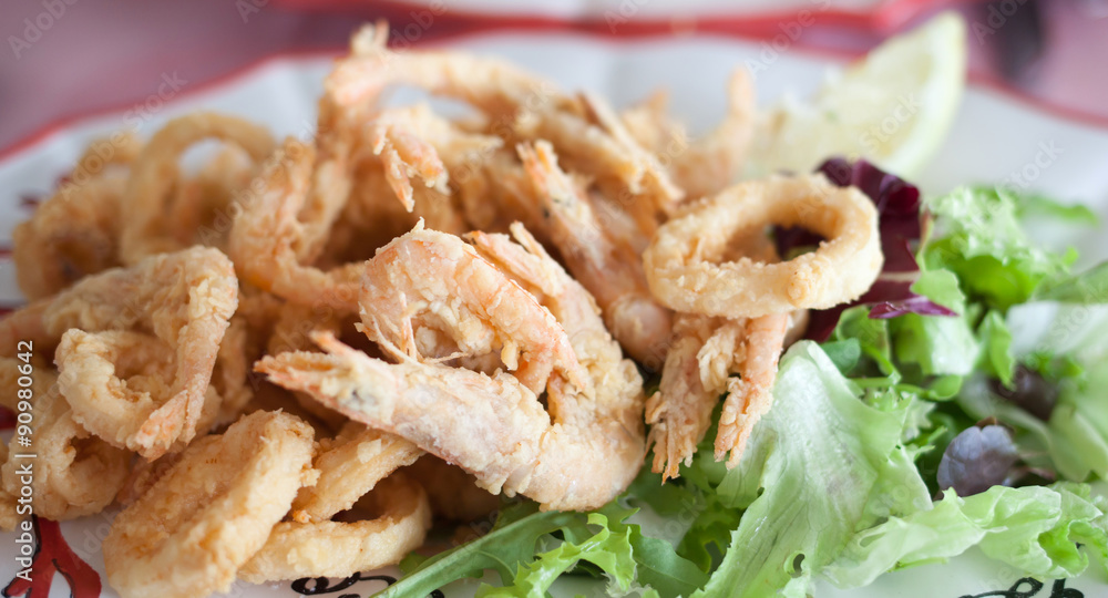 Close up fried shrimp squid Calamari Close up fried shrimp squid Calamari