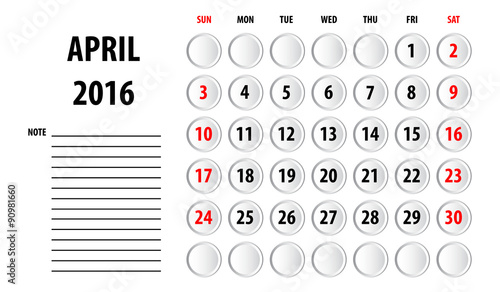 Template of calendar for 2016