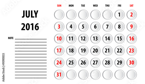 Template of calendar for 2016