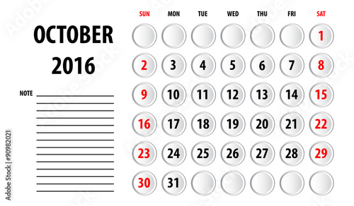 Template of calendar for 2016