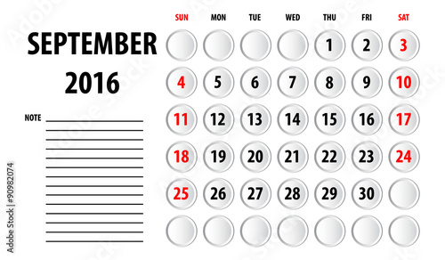 Template of calendar for 2016