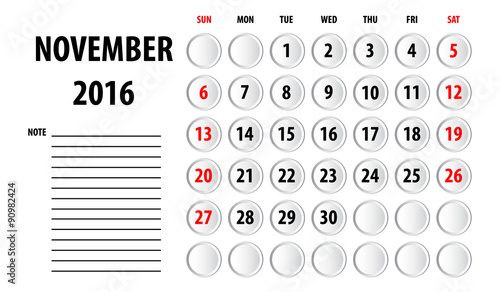 Template of calendar for 2016