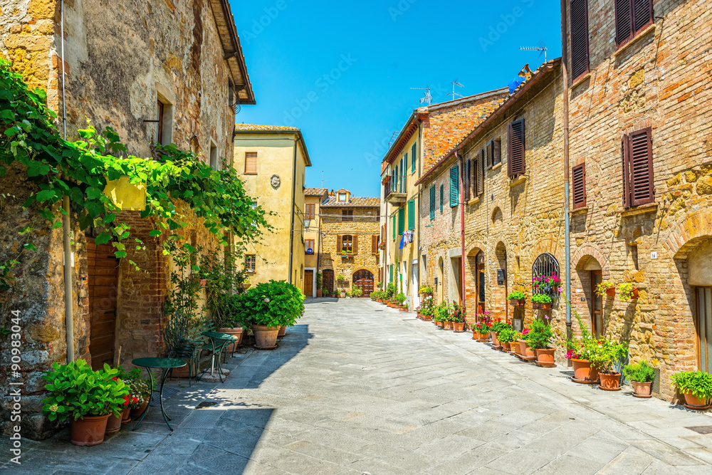street of medieval Pienza town in Tuscany. Italy