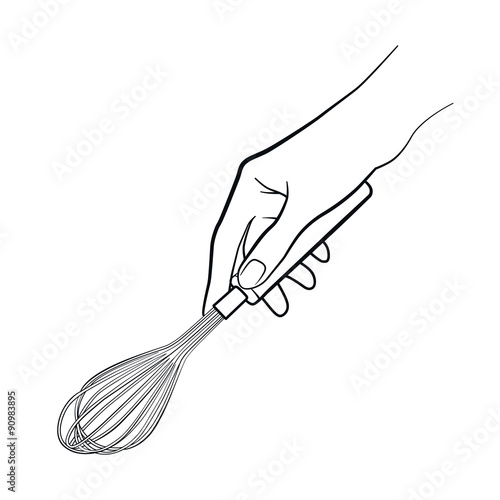 Woman hand holding whisk. Kitchen tools. Outline cooking gesture. Hand isolated on white background.