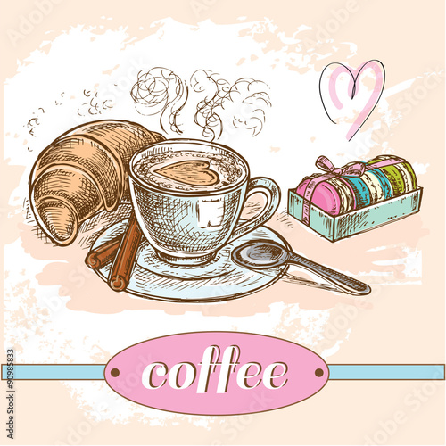 hand drawn coffee with croissants