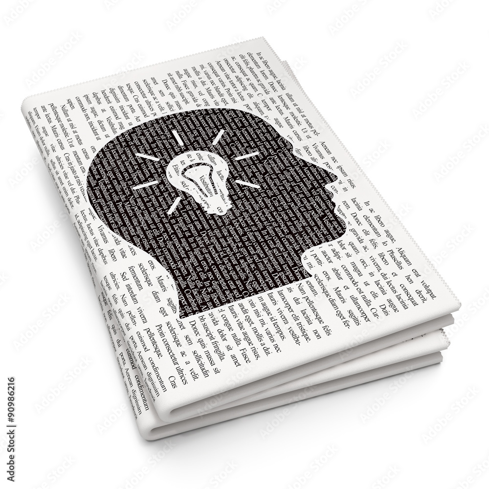 Studying concept: Head With Light Bulb on Newspaper background Studying concept: Head With Light Bulb on Newspaper background