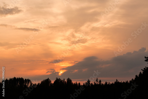 Fiery sunset and silhouette forest