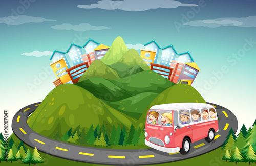 People riding in van up the mountain