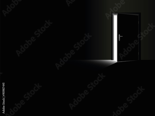 Darkness - black room with a half open door and a glimmer of light coming in - as a symbol for fear, frustration, hope, courage and for taking a chance. Vector illustration.
