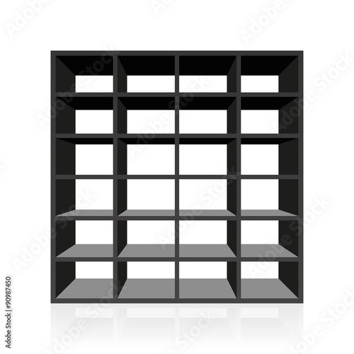 Black empty rack or bookshelf with twenty four cubbyholes. Isolated vector illustration on white background.