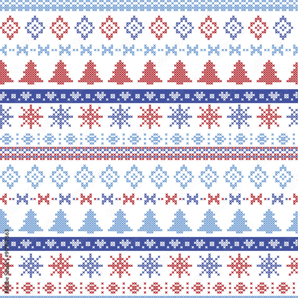 Dark and light blue and red Christmas Nordic pattern with snowflakes, trees ,  xmas trees and decorative ornaments in scandinavian knitted cross stitch  

