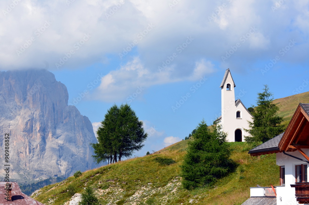 church to Gardena pass dolomiti italy