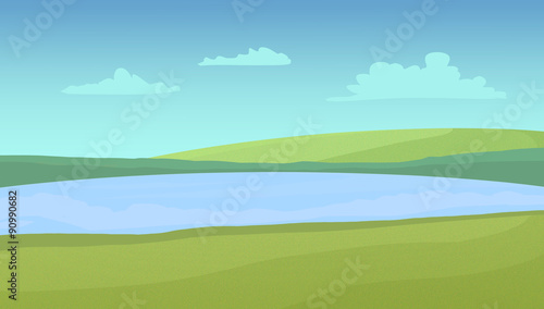 Meadows and lake on a sunny day with clouds. Digital raster illustration.