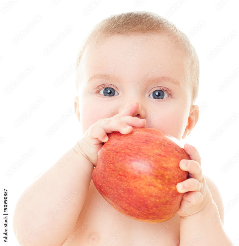 Beautiful baby with red apple. Baby eating healthy food isolated. Beautiful baby with red apple. Baby eating healthy food isolated.