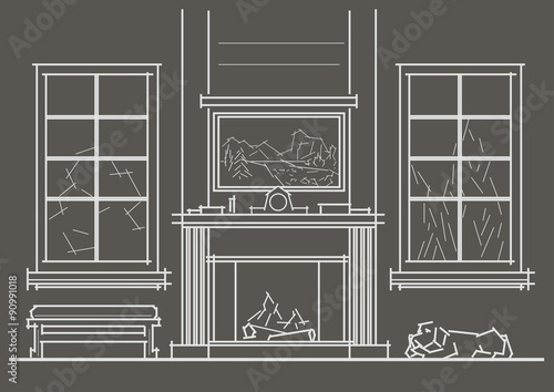 Linear architectural sketch living-room interior with chimney front view on gray background
