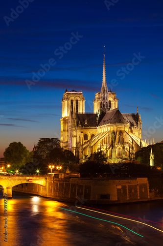 Notre Dame de Paris Cathedral at night  Paris  France