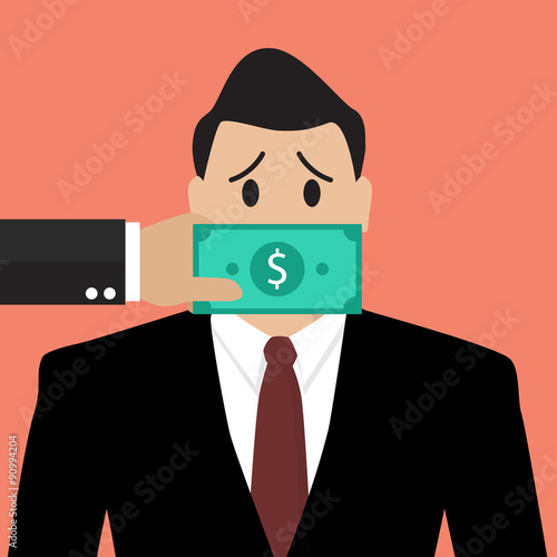 Businessman with dollar banknote taped to mouth