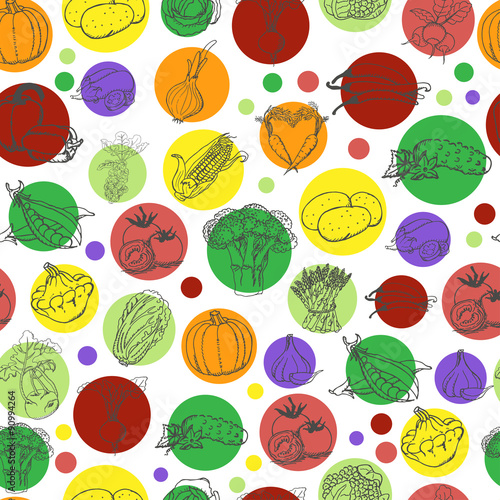 Seamless pattern with vegetables in colored circles