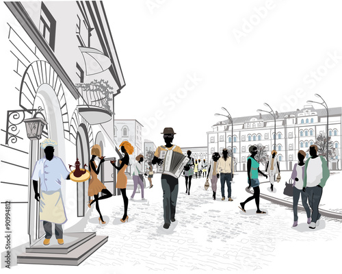Series of the streets with people and musicians in the old city