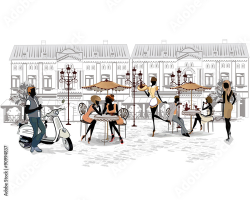 Series of the streets with people and musicians in the old city