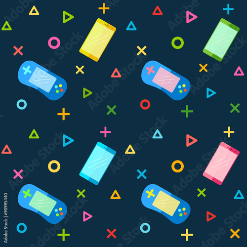 Mobile Phones and Colorful Game pad Controllers. Seamless Pattern for Fabric, Wrapping Paper and Background Wallpaper