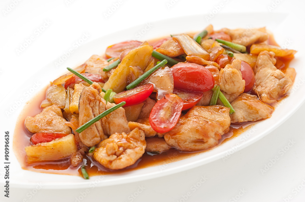 Fried chicken with cashew nuts isolated on white Fried chicken with cashew nuts isolated on white