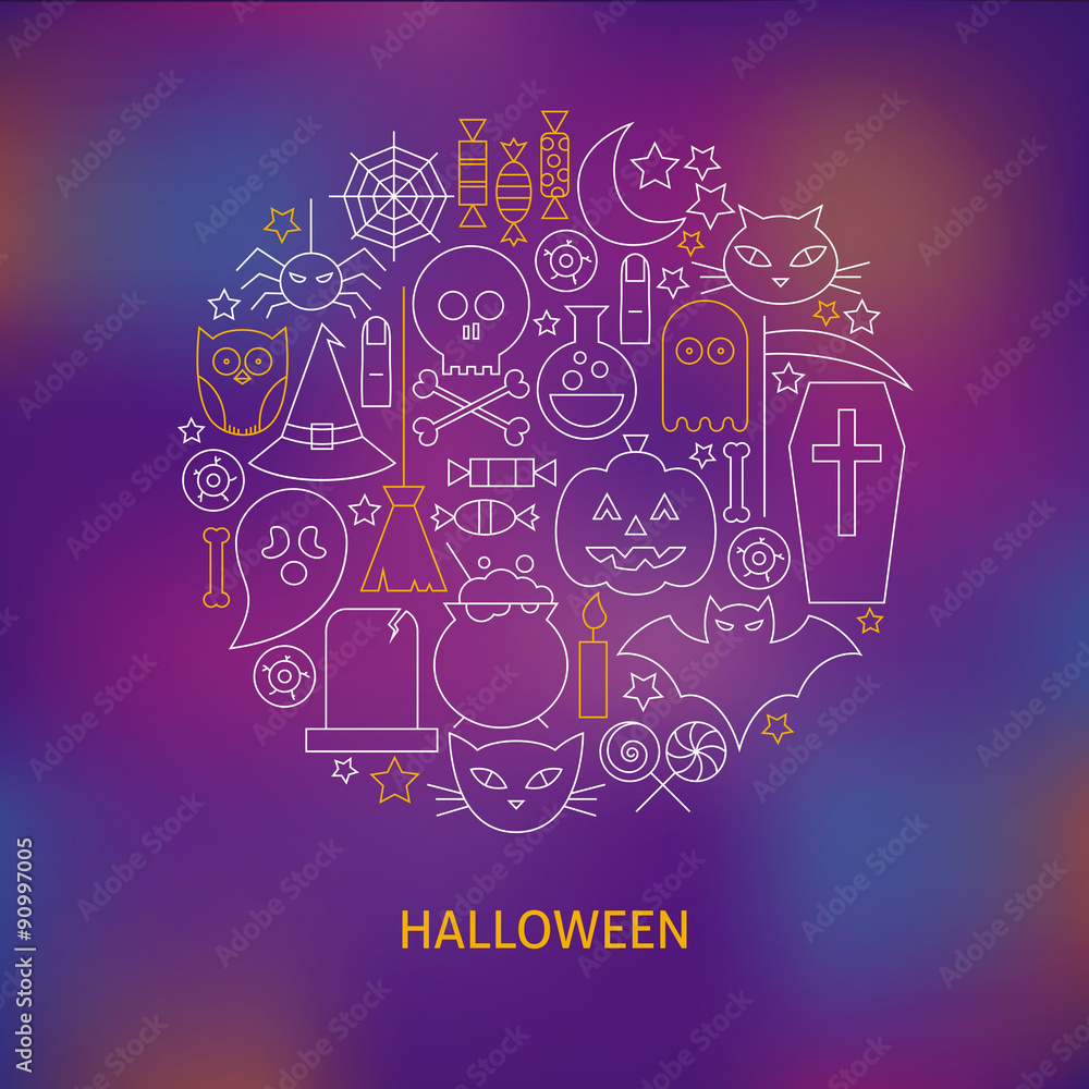 Thin Line Halloween Holiday Icons Set Circle Shaped Concept