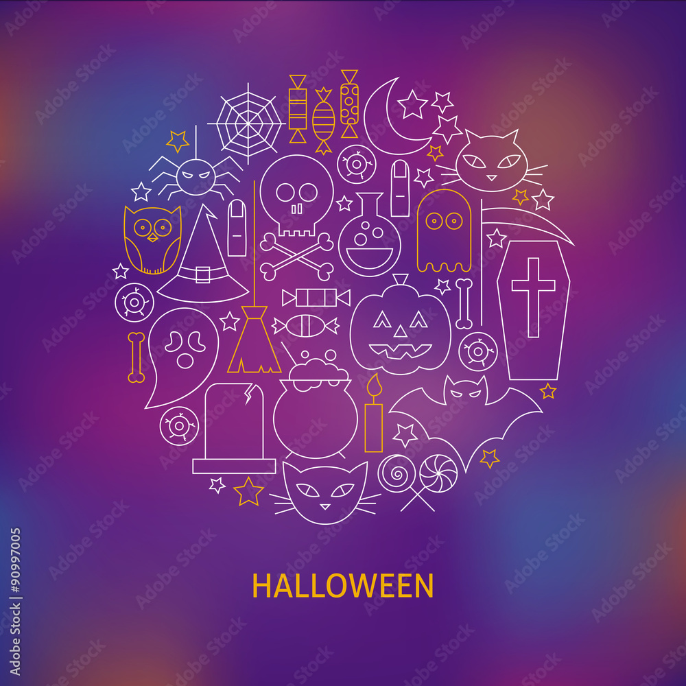 Thin Line Halloween Holiday Icons Set Circle Shaped Concept Thin Line Halloween Holiday Icons Set Circle Shaped Concept