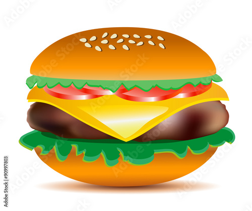 Cheeseburger with salad leaves  tomatoes  ham and sesame seeds. Big tasty colorful vector illustration.