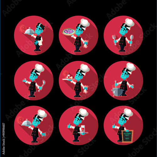 Round flat vector icon with vampire cook and kitchenware for hal