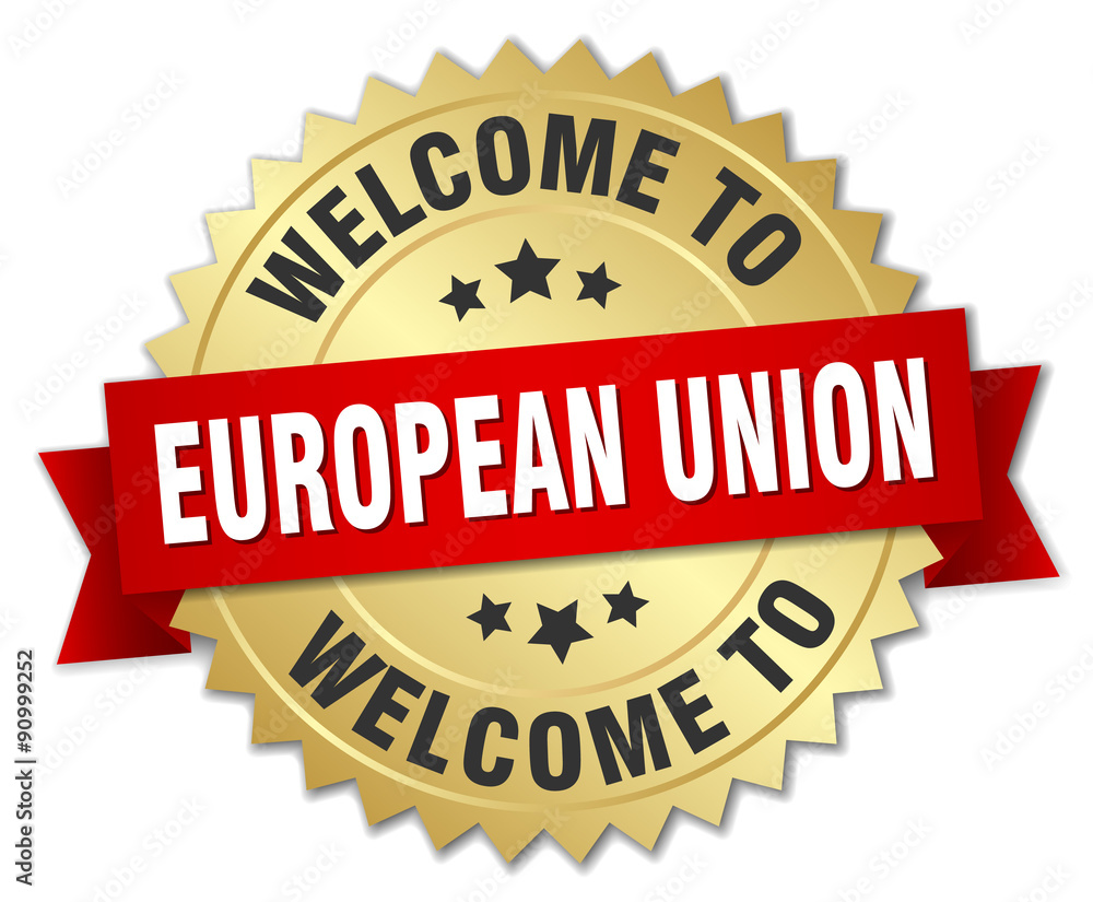european union 3d gold badge with red ribbon european union 3d gold badge with red ribbon