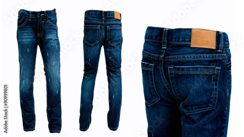 Blue jeans pants isolated front and rear. White background