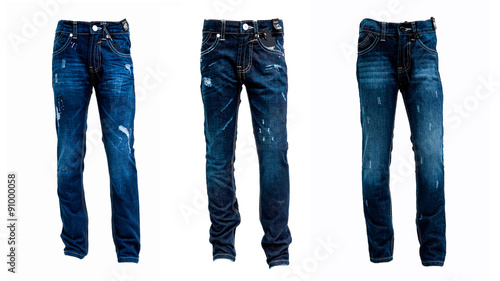 Collage of blue jeans isolated on white background